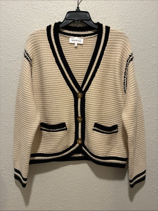 Heartloom Sweaters - Heartloom cream V-neck cardigan with black trim